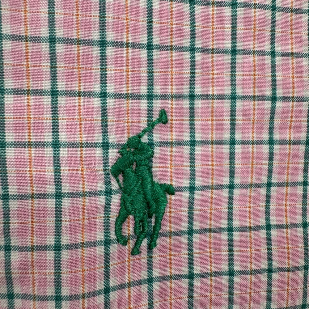 Ralph Lauren Button Down Shirt Men L Pink Plaid Green Pony Classic Short‎ Sleeve